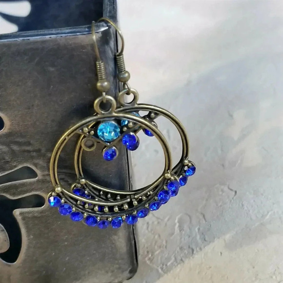 Steampunk Victorian Blue Turquoise Rhinestone Dangle Earrings Antique Brass - Picture 3 of 4